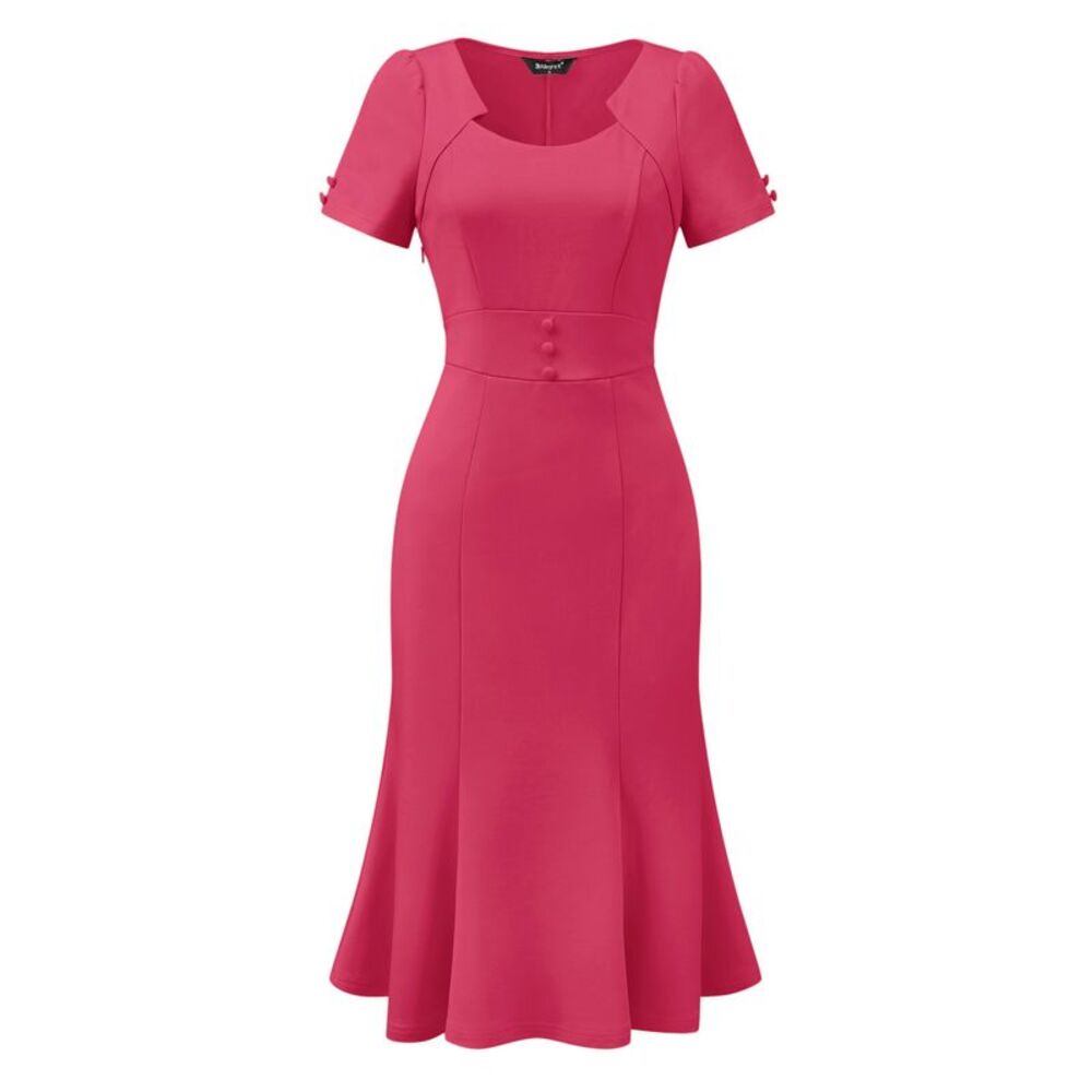 Vintage Dress for Work Cocktail Fishtail Sheath Midi Dress Hot Pink